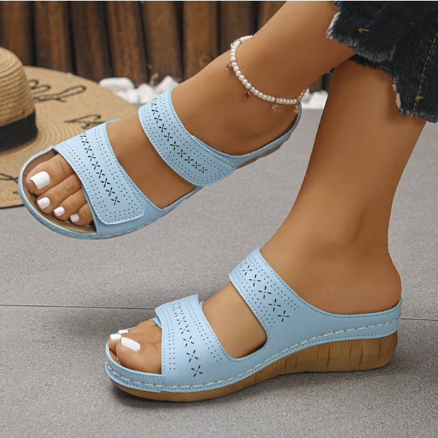 Women'S Comfortable Wedge Sandals, Breathable Hollow Out Double Strap Platform Slides